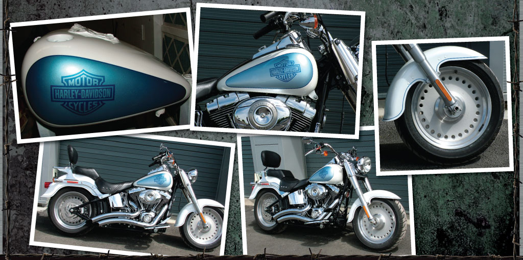 Harley Davidson painted white with ice blue panels