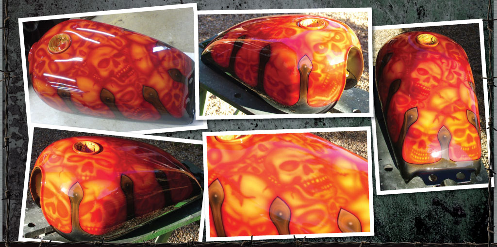 Airbrushed skulls in iron clamp