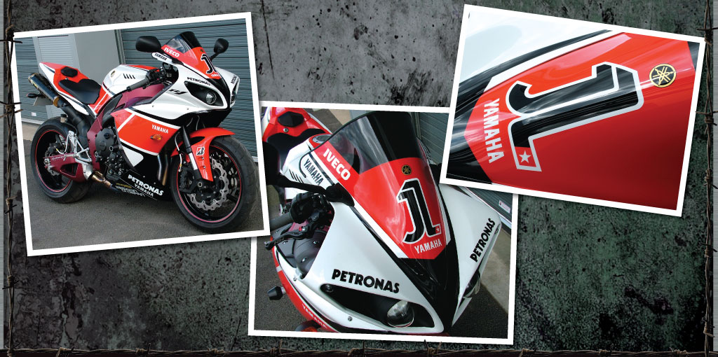 Yamaha R1 WSB rep - 100% painted graphics and lettering and striped wheels